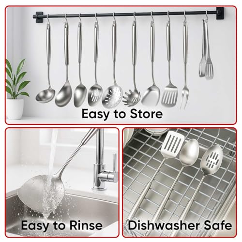 Newness 11 Pcs Cooking Utensils Set, 304 Stainless Steel Kitchen Utensils Set, Metal Kitchen Accessories, Include Soup Ladle, Slotted Skimmer Spoon, Spaghetti Spoon and Spatula, Dishwasher Safe - size: 11 PCS Cooking Utensils Set