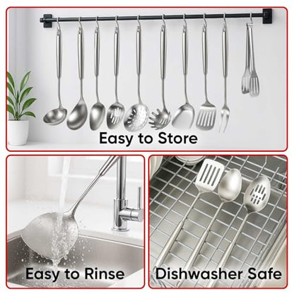 Newness 12 Pcs Cooking Utensils Set, 304 Stainless Steel Kitchen Utensils Set, Metal Kitchen Accessories, Include Soup Ladle, Slotted Skimmer Spoon, Spaghetti Spoon and Spatula, Dishwasher Safe - size: 12 PCS Cooking Utensils Set