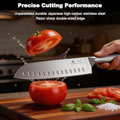 imarku Chef Knife Ultra Sharp Santoku Knife 7 Inch, High Carbon Stainless Steel Japanese Kitchen Knife with Hollow Edge | Seamless Ergonomic Handle, Gift Box for Meat/Vegetables/Tomatoes & Daily Prep - color: Brushed Silver