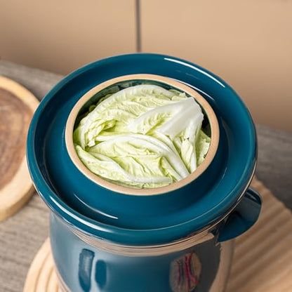 Fermentation Crock 3.8Liter/1 Gallon Stoneware Pot for Fermenting, Pickling Kimchi, Pickles, Vegetables, Kombucha - Glazed Fermenter with Stone Weights, Lid & Pickle Tamper-Blue Crock
