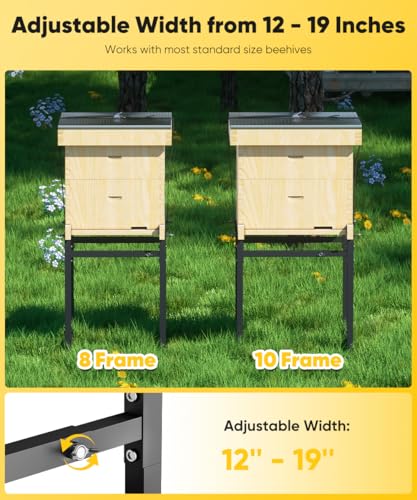 Mondazie Adjustable Metal Bee Hive Stand with 120-Inches Strap for 8 & 10 Frame Beehives Box, 12 to 19 Inches Width Beehive Frame Holder , Heavy Duty Flow Hives Stands Base for Beekeeping, Black - color: Black - Standard