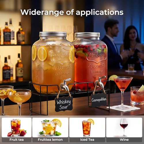 DD&HAPP 2 Gallon Glass Drinks For Parties With Stand.Stainless Steel Spigots & Metal Stand,Large Capacity Beverage Dispenser for Party,Infused Water,Iced Tea,Lemonade,Outdoor,Commercial Use. - size: 2 Gallon Double With Stand