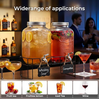 DD&HAPP 2 Gallon Glass Drinks For Parties With Stand.Stainless Steel Spigots & Metal Stand,Large Capacity Beverage Dispenser for Party,Infused Water,Iced Tea,Lemonade,Outdoor,Commercial Use. - size: 2 Gallon Double With Stand
