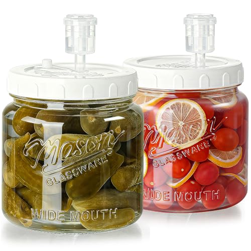 2 Pack Fermentation Jars with 3 Airlocks, Half Gallon Glass Jars with Airtight Lid, 64 oz Wide Mouth Mason Jar with Scale Line for Pickling, Mead Making, Kimchi, Sourdough and Food Containers