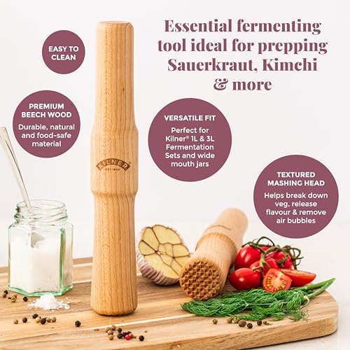 Kilner Fermentation Packer Beech Wood Tool for Preparing Sauerkraut & Kimchi, Textured Mashing Head for 3L & 5L Fermentation Sets with Wide Mouth Jars - size: Fermentation Packer