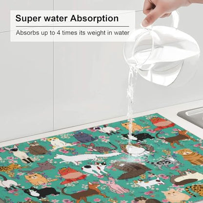 Cat Dish Drying Mat For Kitchen Microfiber Drying Mats Absorbent Reversible Dish Pad Draining Mats For Countertop Coffee Mats 18x24 Inch - color: Cat