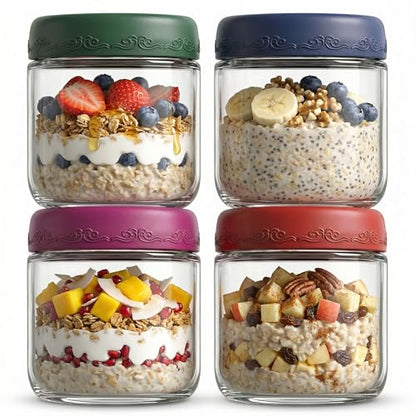 10oz 4Pack Glass Overnight Oats Jars Containers with Airtight Leakproof Lids, Reusable Mason Jars for Meal Prep, Yogurt Parfaits, Smoothies, Salads & Healthy Breakfasts (10 OZ-4-1) - color: 10oz-4-1