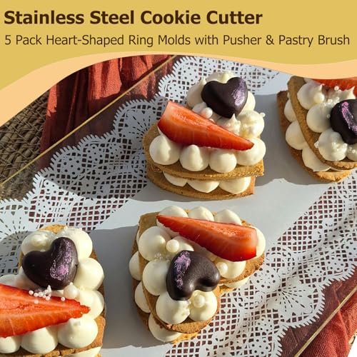 5 Pieces Heart-Shaped Food Molds Set, 3.15-Inch Cake Ring Mold, Stainless Steel Cooking Rings with Pastry Brush for Cookie & Baking - size: 3.15In-5 Pieces Heart-Shaped