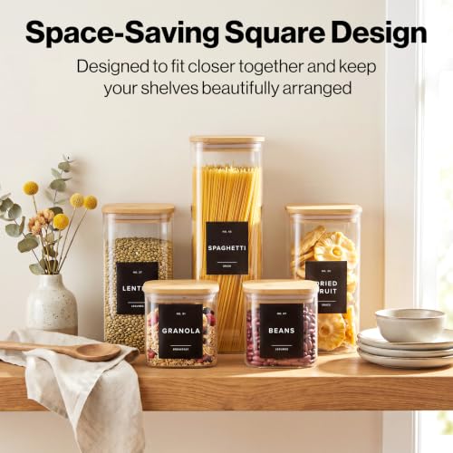 EDELHAUS Glass Storage Containers with Bamboo Lids and Labels - Set of 5 | Extra Thick Square Glass Canisters with Bamboo Wood Lids and 54 Pre-printed Pantry Labels keeps dry Goods Fresh and Organized - color: Black Labels - Bamboo Lids - 5 Pack