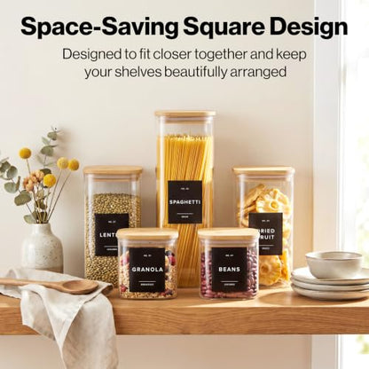 EDELHAUS Glass Storage Containers with Bamboo Lids and Labels - Set of 5 | Extra Thick Square Glass Canisters with Bamboo Wood Lids and 54 Pre-printed Pantry Labels keeps dry Goods Fresh and Organized - color: Black Labels - Bamboo Lids - 5 Pack