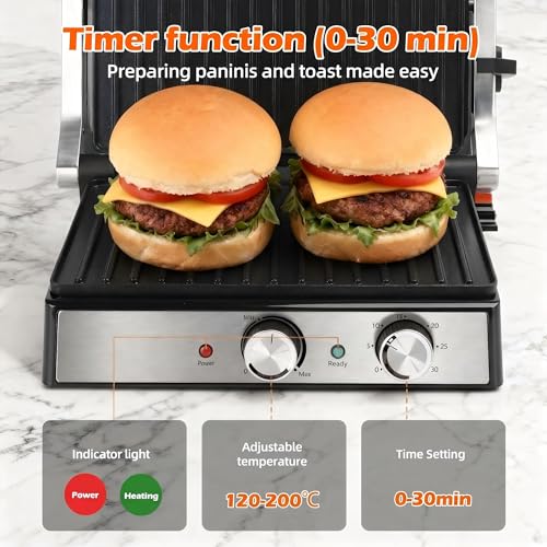 KEINVE 1700Watt Panini Press, Sandwich Maker with Temp & Time Setting, 4 Slice Large Non-Stick Versatile Grill Press, Opens 180 Degrees to Fit Steak, Fish, Vegetable and More - size: 4 Slice(Temp & Time Control)