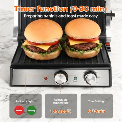 KEINVE 1700Watt Panini Press, Sandwich Maker with Temp & Time Setting, 4 Slice Large Non-Stick Versatile Grill Press, Opens 180 Degrees to Fit Steak, Fish, Vegetable and More - size: 4 Slice(Temp & Time Control)