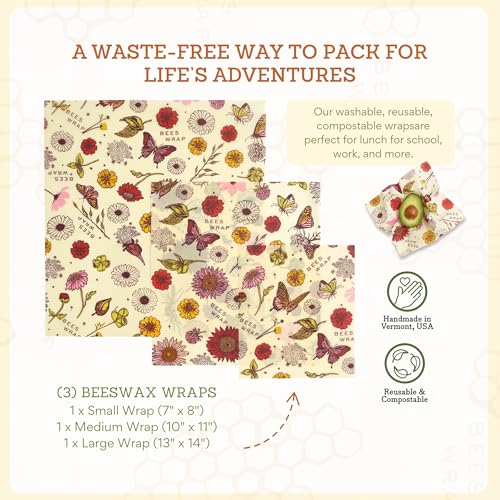 Bee's Wrap Beeswax Wraps for Food - 3 Pack of Assorted Beeswax Wraps - Small, Medium & Large Wrap - Plastic Free Made in USA Reusable Natural Food Wrap - Meadow Magic Print - style: 3 Pack (Meadow Magic)