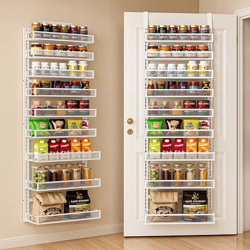 Over the Door Pantry Organizer 9 Tiers Hanging Door or Wall Mounted Spice Rack with Adjustable Acrylic Basket,Heavy Duty Metal Seasoning Storage Shelf for Kitchen Pantry and Bathroom White - color: White-Acrylic, size: 9 Tiers