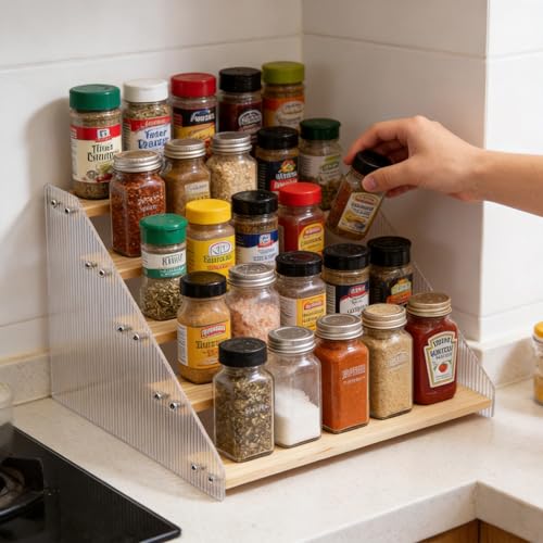 Tiered Spice Rack Organizer for Countertop & Cabinet, 5-Tier 12in Kitchen Seasoning Storage Shelf, Space Saving Standing Spice Organizer, Wooden & Acrylic, Solid Wood - color: Natural Wood, size: 5-Tier 12in