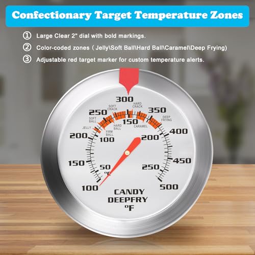 Stainless Steel Candy Thermometer with Pot Clip Deep Fry Oil Thermometer with 9" Long Probe & 2" Dial Accurate Temperature Reading for Cooking Candy Sugar Jelly Syrup Deep Frying Thermometer