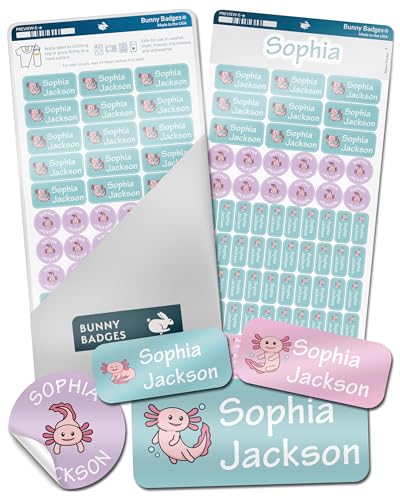 Bunny Badges Personalized Daycare Name Labels for Kids (130 Labels) - Custom Waterproof Name Stickers for Clothing Tags, Water Bottles, Lunch Boxes and School Supplies (Axolotls) - color: Axolotls
