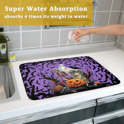 Giwawa Halloween Pumpkin Dish Drying Mat 18x24 inch Spooky Ghost Bat Dish Rack Mats Microfiber Draining Pad Fast Dry Holiday Kitchen Accessories - color: Halloween Purple, size: 18x24 inch