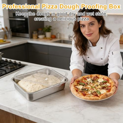 2 Pcs Pizza Dough Proofing Box -14.1x10.6 Inch Stainless Steel Pizza Dough Trays with Clear Lid, Household Pizza Bread Proofing Storage Container, Fits 4-6 Dough Balls