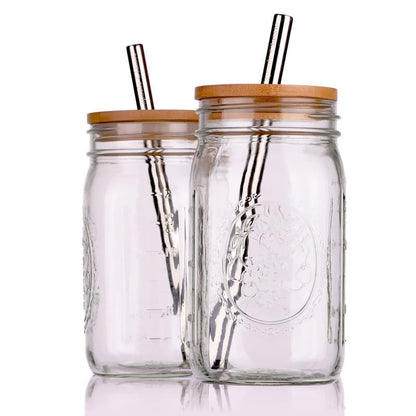 Reusable Boba Bubble Tea & Smoothie Cups - 2 Glass Wide Mouth 32 oz Mason Jars with Bamboo Lids - 2 Reusable Silver Stainless Steel Boba Straws