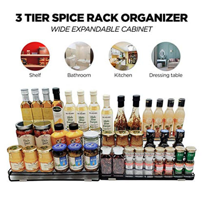 3 Tier Wide Expandable Cabinet Spice Rack Organizer (14.5" to 29.1") - Step Shelf with Protection Railing, Black,Copper (Comfort & Wide) - color: Comfort & Wide