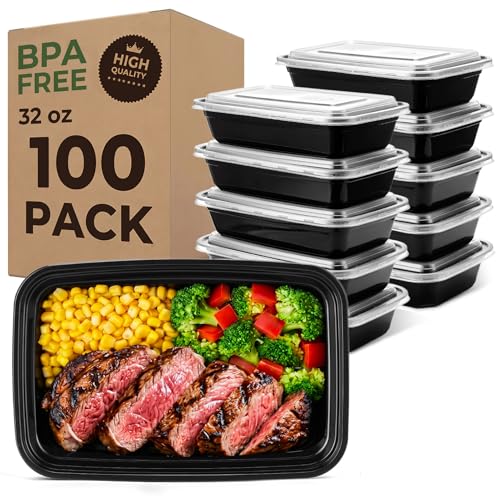 Glotoch Express Meal Prep Containers with Lids 32oz 100 Pack (200 Piece) | Reusable Sturdy Food Containers Leakproof Airtight Microwave Freezer Safe Plastic Bento Lunch Boxes for To Go Takeout