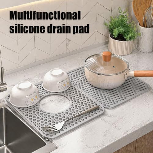 Silicone Sink Mat for Kitchen, Honeycomb Design Drain Protector for Bottom of Stainless Steel Sink, Anti-Scratch & Non-Slip, Heat Resistant Dish Drying Rack, Grey