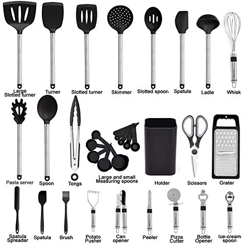 Kitchen Utensil Set-Silicone Cooking Utensils-33 Kitchen Gadgets & Spoons for Nonstick Cookware-Silicone and Stainless Steel Spatula Set-Best Kitchen Tools, Useful Pots and Pans Accessories - color: Black