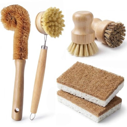 Natural Bamboo Dish Brush Set - 6 PCS Kitchen Cleaning Brush Kit with 4 Utensil Brushes and 2 Coconut Fiber Dish Sponges, for Cleaning Pots, Pans, Dishes, Bottles, Vegetables, and Fruits