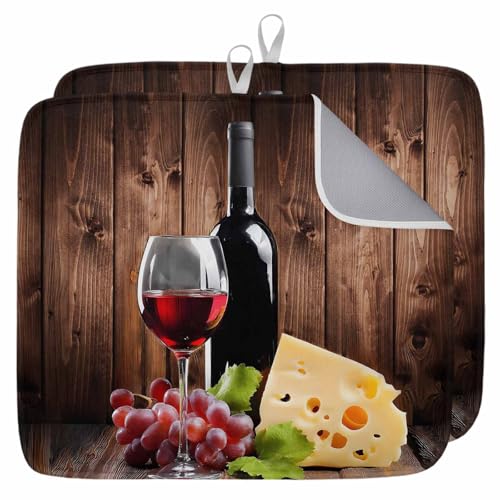 Farm Red Wine Grape Vintage Wood Board Dish Drying Mats for Kitchen Counter,Absorbent Microfiber Dish Drainer Rack Mat Cheese Fruit Wine Glass Drying Pad for Sinks,Utensils,Countertops,18x24in - size: 18x24inx2pcs