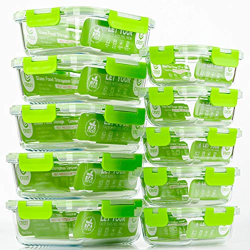 C CREST Glass Containers for Food Storage with Lids, [10-Pack] Meal Prep Containers for Kitchen, Home Use, BPA Free - color: Green