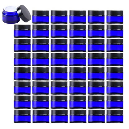 OverNews 2oz Blue Glass Jar Travel Size, 45PCS Empty Cosmetic Lotion Container with Black Lid & Spatula, Small Mini Jar for Beauty - color: HBlue, size: 45