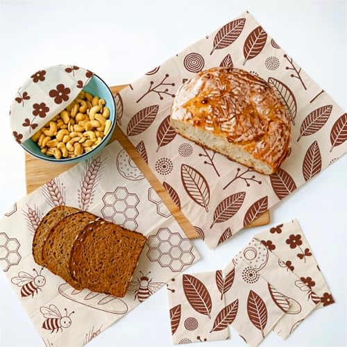 Reusable Bee&Floral Beeswax Wraps, 9 PCS Eco-Friendly Food Storage, Organic Cotton Sandwich, Snack, Bowl Covers, Zero Waste, Plastic-Free, Sustainable, 1XL, 3M, 5S - color: Brown Leaves Flowers Bees