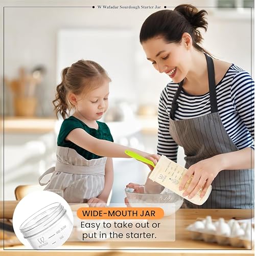 Upgraded Sourdough Starter Jar Kit –24 oz Glass Jar with Date Marked Feeding Band, Thermometer, Scraper, Cleaning Brush & Measuring Cups, Complete Bread Baking Supplies