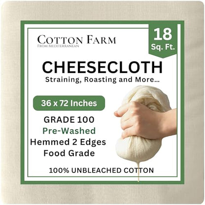 Cotton Farm Grade 100 XL Cheese Cloth for Straining & Cooking; 18 Sq. Ft. (2x1 yards); 100% Unbleached Cotton Cheesecloth; Reusable with Finished 2 Edges; Ultra-Dense (the finest) Butter Muslin - size: 72 x 36 inch / 1 piece