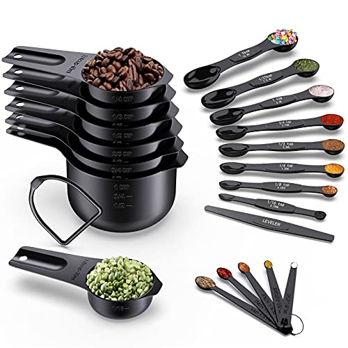 Wildone 21 Piece Black Measuring Cups & Spoons, Includes 7 Stainless Steel Measuring Cups, 8 Double Sided Measuring Spoons, 1 Leveler & 5 Mini Spoons - color: Black