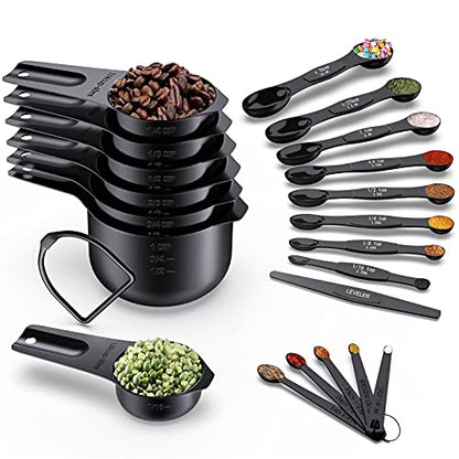 Wildone 21 Piece Black Measuring Cups & Spoons, Includes 7 Stainless Steel Measuring Cups, 8 Double Sided Measuring Spoons, 1 Leveler & 5 Mini Spoons - color: Black