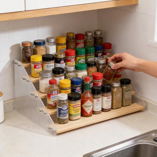 Tiered Spice Rack Organizer for Countertop & Cabinet, 5-Tier 16in Kitchen Seasoning Storage Shelf, Space Saving Standing Spice Organizer, Wooden & Acrylic, Solid Wood - color: Natural Wood, size: 5-Tier 16in