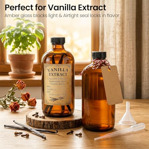 TBWIND 15 Pack 16oz Amber Glass Boston Round Bottles with Airtight Caps | Designed for Homemade Vanilla Extract, Kombucha, Syrups, Herbal Liquids & Tinctures with Droppers, Labels & Funnels - size: 16oz