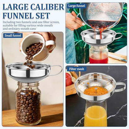 Canning Funnel w Strainer, Wide Mouth Funnels w Handle, Stainless Steel Funnels for Kitchen Use, Filling Wide and Regular Mason Jars Bottles, Kitchen Gadgets Canning Supplies, 3 Pack (Small and Large)