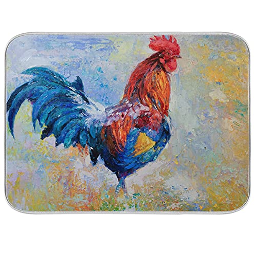 Absorbent Dish Drying Mat for Kitchen Counter - Color Big Rooster Microfiber Drying Pad, Reversible Drainer Mats for Countertop, Medium 16 x 18 inch - color: 24 Colorful big rooster, size: M