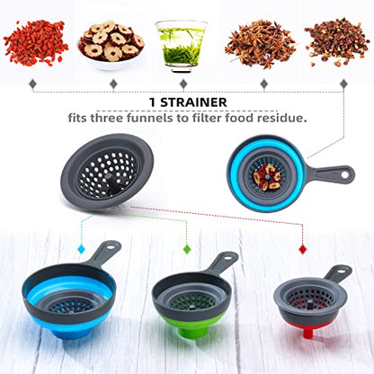 Funnel with Strainer for Kitchen Use, Dokpod Silicone Funnels for Filling Bottles and Wide Mouth Canning, Collapsible Kitchen Funnel with Filter