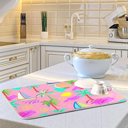 Sailboat Palm Trees Dish Drying Mat for Kitchen Counter Super Absorbent Draining Mat with Non-slip Backed Waterproof Sink Mats for Draining Racks Countertops Sinks Dish Bottles Cups Bowl