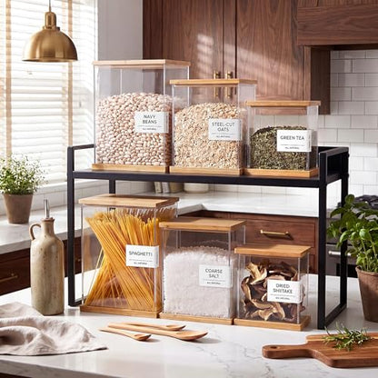 6 Pack Acrylic Pantry Storage Containers with Bamboo Lid Airtight Food Cereal Containers Storage 100oz, 54oz, 27oz with 144 Pantry Labels and Spoon for Flour Sugar, Cereal, Spice - size: 100oz,54oz,27oz