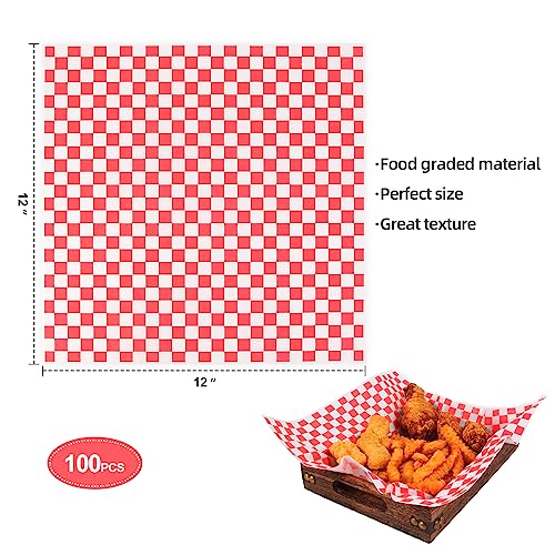 100pcs Deli Paper Sheets 12x12", Premium Food Basket Liners, Grease Resistant Wax Paper Sheets for Food, Classic Checkered Sandwich Wrapping Paper for Party, Festival and Outdoors, JIRNGLA - color: Red & White Checkered