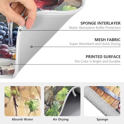 Red Wine Bottles Grapes Cheese Rustic Dish Drying Mats for Kitchen Counter Absorbent Microfiber Dish Drying Matt 16 x 18 Inch Draining Reusable Rack Pad - size: 16x18in