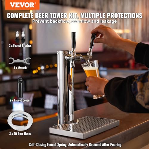 VEVOR Dual Taps Draft Beer Tower Dispenser, Stainless Steel Keg Beer Tower, Kegerator Tower Kit with Pre-Assembled Tubing and Self-Closing Faucet Shanks for Party, Bar, Pub, Restaurant - style: Dual Faucets