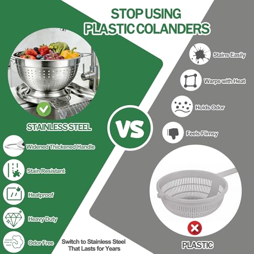 Strainers and Colanders for Kitchen, 3-Piece Stainless Steel Set Pasta and Rice Strainer with Handles, Raised Draining Base for Easy Counter Use (7”, 9”, 11”)