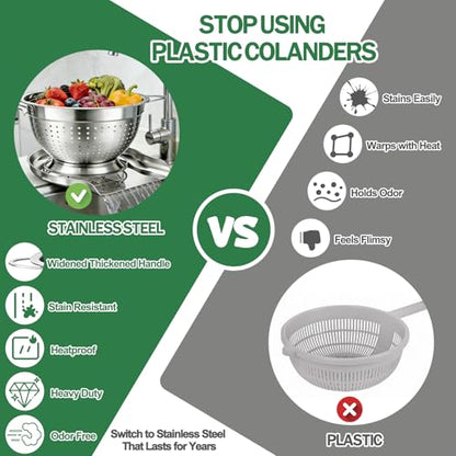 Strainers and Colanders for Kitchen, 3-Piece Stainless Steel Set Pasta and Rice Strainer with Handles, Raised Draining Base for Easy Counter Use (7”, 9”, 11”)