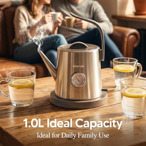 Smartyle® Electric Tea Kettle with Thermometer,1.0L Gooseneck Electric Kettle,304 Stainless Steel,Auto Shut-Off,1200W Pour Over Coffee Pot for Brewing Coffee & Tea at Home,Office,or Café (Chrome)